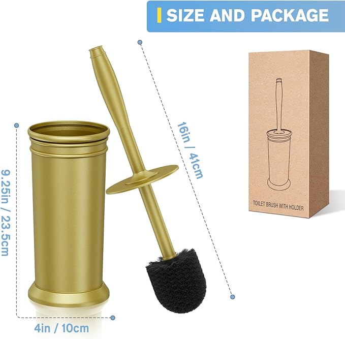 UPTRONIC Toilet Brush Aluminum Alloy Toilet Brush and Holder Set with Long Handle Durable Bristles Toilet Bowl Brush and Covered Holder for Toilet Scrubber for Bathroom Cleaning (2 Gold)