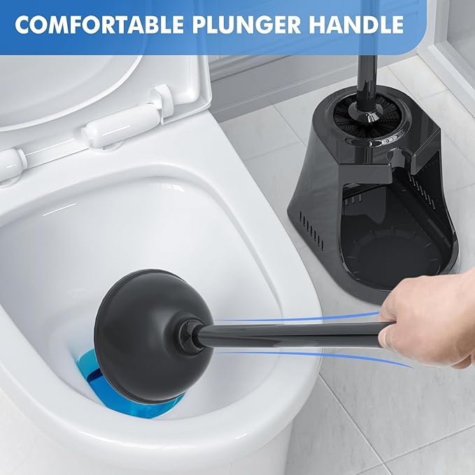 Toilet Plunger and Brush 2 Pack Bowl Brush and Heavy Duty Toilet Plunger Set with Ventilated Holder 2-in-1 Toilet Brush and Plunger Combo for Bathroom Cleaning (Black)