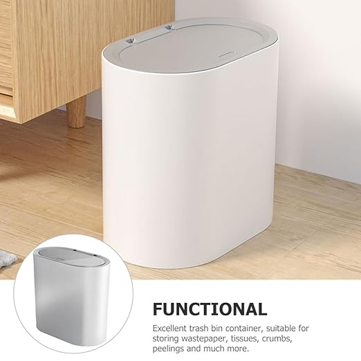 8l Large Capacity Trash Can with Press Lid Grey-White Plastic Wastebasket for Bathroom Kitchen Bedroom Narrow Space Use