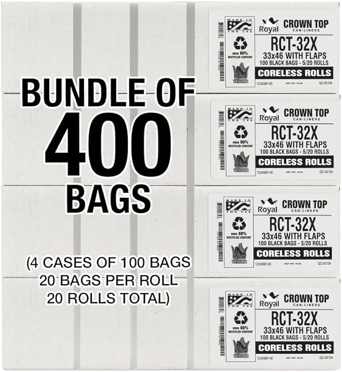 Aluf Plastics Star Sealed Coreless Rolls with E-Z Tie Flap Closure 40-45 gal Polyethylene 33 x 46 Black (Pack of 400)