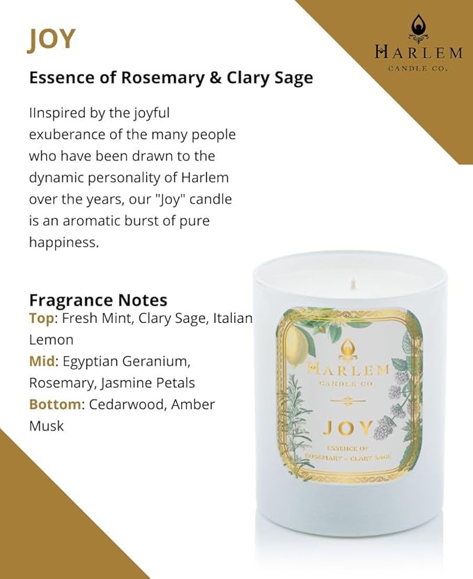 HARLEM CANDLE CO. - Joy - Luxury Scented Soy Candle 11 oz - 80-Hour Burn Time | Fresh Mint Italian Lemon Rosemary Jasmine Petals Cedarwood Amber Musk | Scented Candles for Home