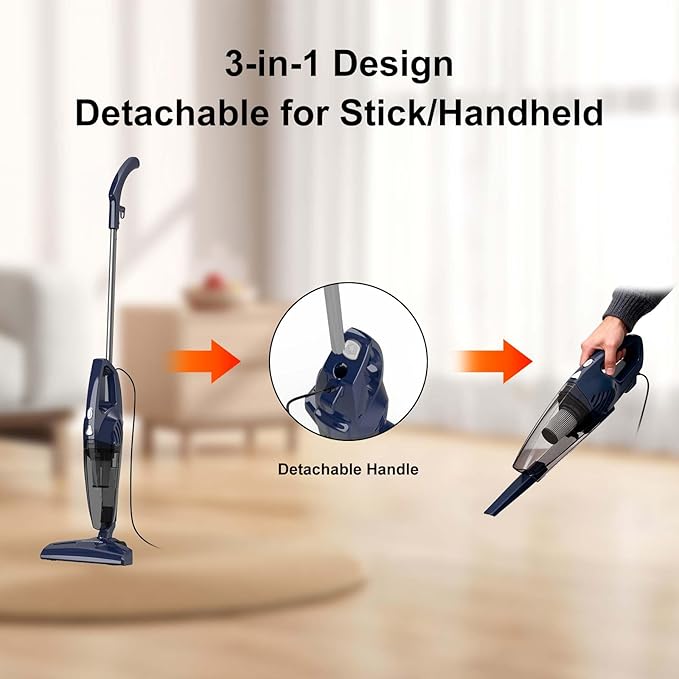 Corded Stick Vacuum Cleaner 3-in-1 Detachable to Handheld with 180°Left-Right Steering 14KPA Powerful Suction for Pet Hair on Hard Floors HEPA Filter Lightweight with 16.4ft Long Cord