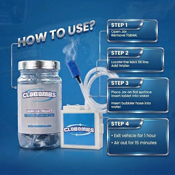 Odor Eliminator for Car Kit - Advanced Chlorine Dioxide Odor Removal Neutralizes Smoke Pet Urine Mildew &amp Skunk Odors in 1 Hour - Includes Bubbler System