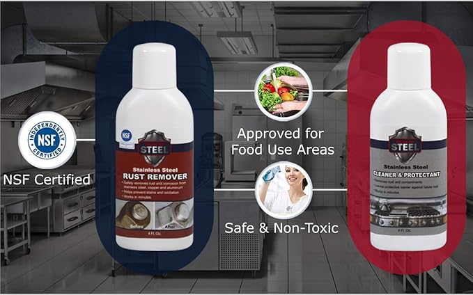 CLEAN MY STEEL – Stainless Steel Rust Stain Remover Kit with Protector – Fast Acting for Commercial Equipment Rust Cleaner for Appliances Grills &amp More – Food-Safe Stainless Steel Cleaner (4 oz)