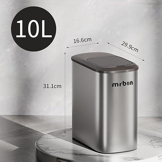 MRBIN Stainless Steel Motion Sensor Bathroom Trash Can 10L / 2.6gal Slim Smart Toilet Waste Basket with Lid Automatic Touchless Kitchen Bucket for Narrow Restroom Vanity Rv Eclipse Grey