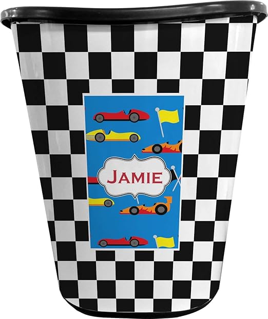 Personalized Checkers &amp Racecars Waste Basket - Double Sided (Black)