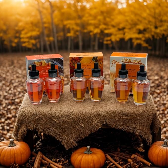 Bath &amp Body Works Wallflowers Refills FALL PUMPKIN Collection 3-Fragrance Bundle with 40-Inch Autumn Plaid Ribbon Bow – Pumpkin Pecan Sweet Cinnamon &amp Caramel Swirl (2-Pack Each)