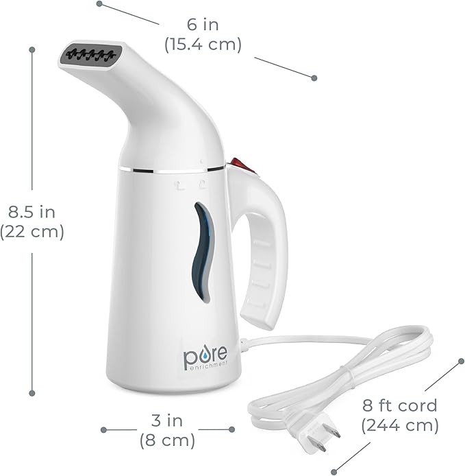 Pure Enrichment PureSteam Portable Fabric Steamer - Handheld Travel Garment Steamer Removes Wrinkles &amp is Safe on All Fabrics - Fast-Heating Lightweight Auto Safety Shut-Off &amp Long Cord (Wh