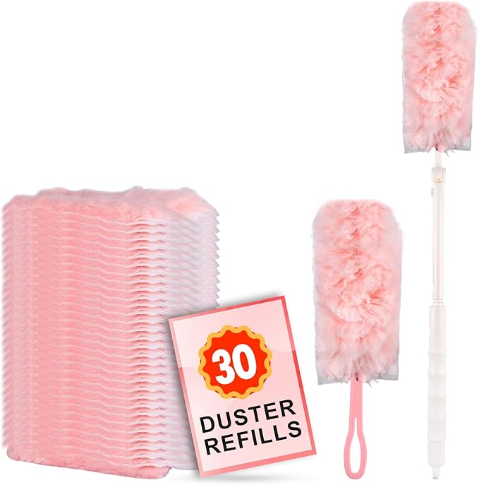 ITTAR 30 Count Duster Refill kit Dust Cleaning Supplies with Extension Pole Fan Feather Dusters with 2 Types Handle for Cleaning Home Celling Fan Blinds Furniture Vent &amp Shelves-Pink
