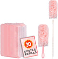 ITTAR 30 Count Duster Refill kit Dust Cleaning Supplies with Extension Pole Fan Feather Dusters with 2 Types Handle for Cleaning Home Celling Fan Blinds Furniture Vent &amp Shelves-Pink