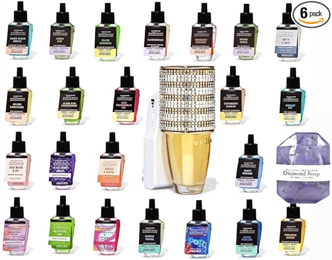 White Barn - Bath &amp Body Works - Grab Bag Assorted Bundle of 6 WallFlower Bulbs with Shine &amp Sparkle Wallflowers Scent Control and DIAMOND SOAP NATURAL (6)