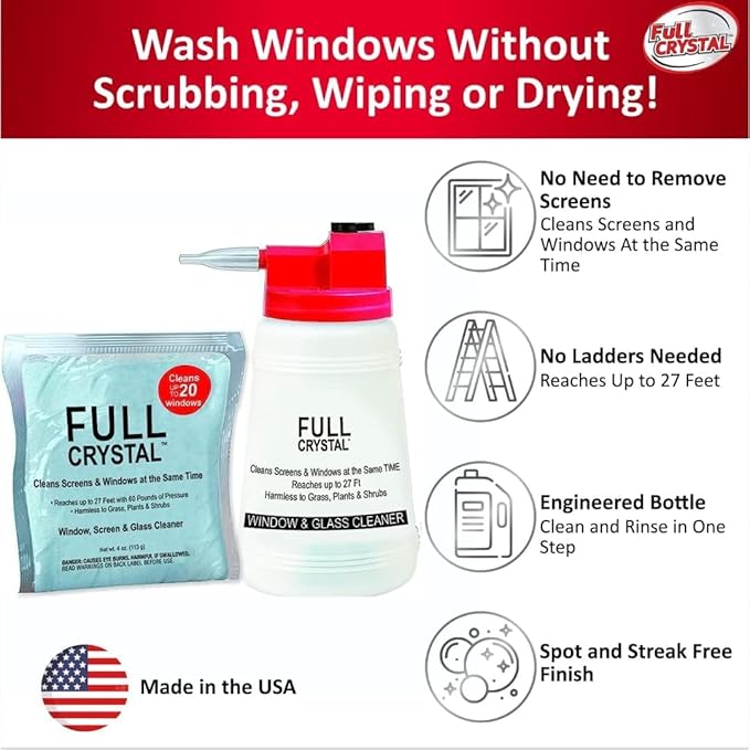 Full Crystal Window Cleaning Kit – 8 oz Glass Cleaner and Bottle with 27 ft Reach Each 4 oz Bag Makes Up to 640 fl oz Cleans Up to 40 Windows Scrub-Free Rinse-Free
