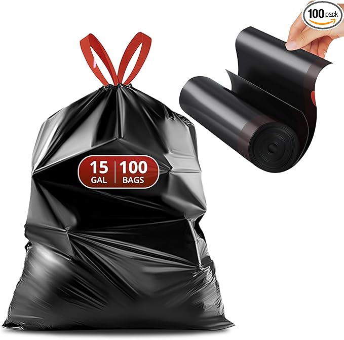 Pre-Separated Drawstring Trash Bags for 15 Gallon Trash Cans 100 Count Ultra Strong Black Tall Kitchen Garbage Bags Tear-Free Large Trash Liners for Lawn &amp Yard