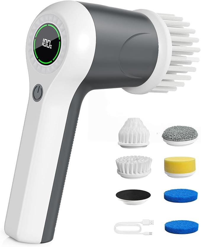 Electric Spin Scrubber Cordless Shower Scrubber with Battery Level Display 2 Speeds Electric Scrubber for Cleaning with 6 Replaceable Heads Cleaning Brush for Bathroom/Sink/Window (Gray)