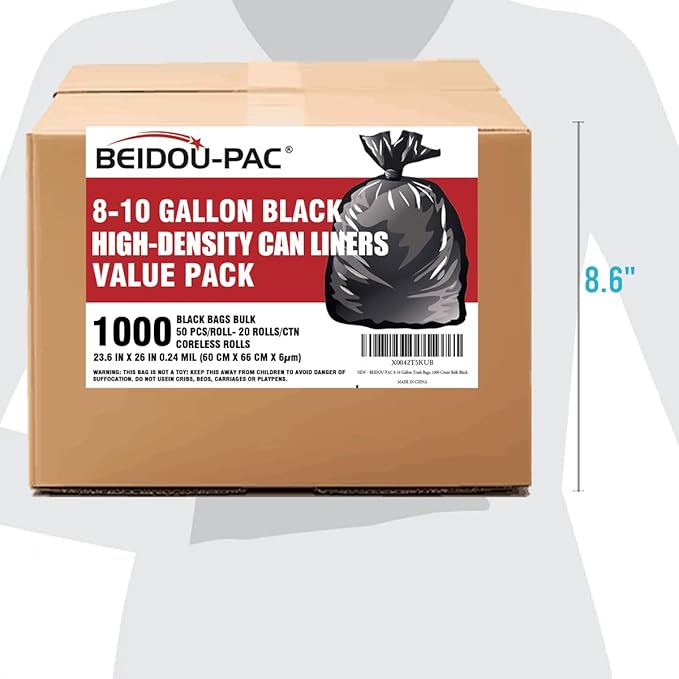 8-10 Gallon Trash Bags 1000 Count Bulk Value Pack Black Garbage bags Multi-purpose Trash Can Bin Liners for Bathroom Office Industrial Commercial Janitorial Municipal Recycling