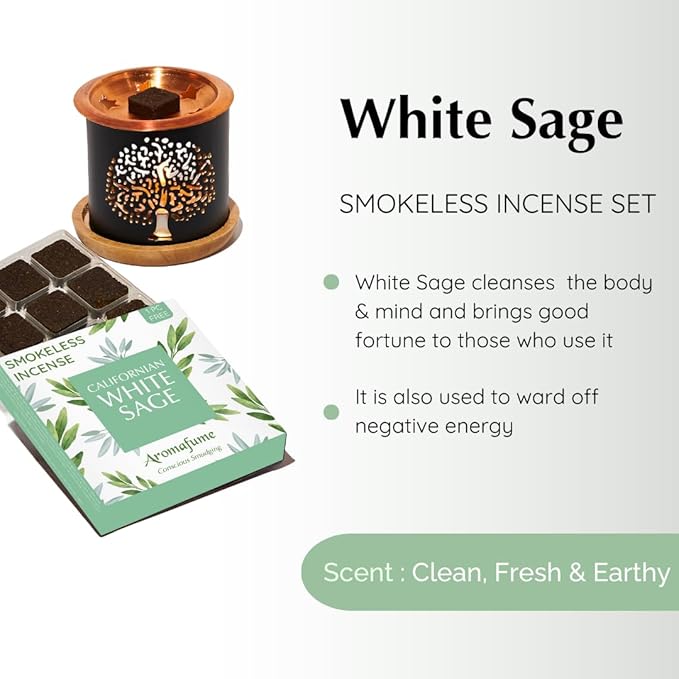 White Sage Incense Bricks (2) Tree of Life Burner &amp White Sage 100ml Smudge Spray
