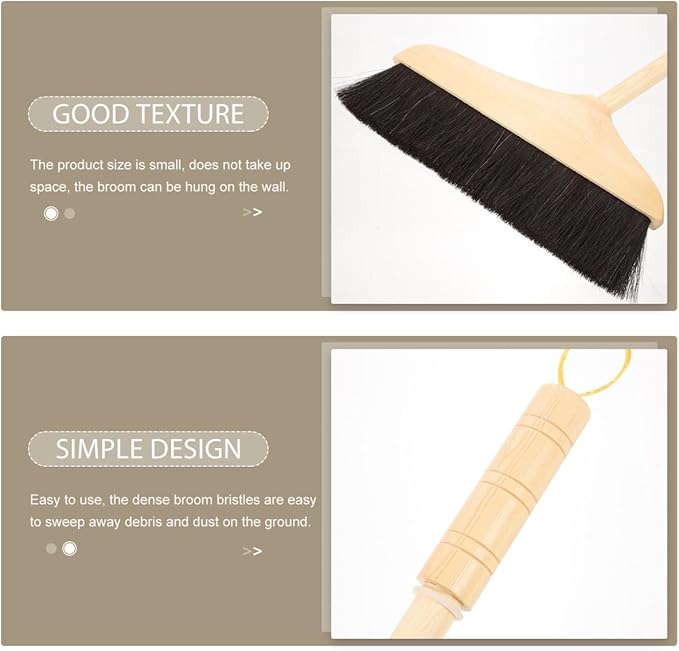 Horse Hair Broom with Long Handle: Wooden Heavy Duty Floor Broom Soft Bristle Pine Sweeper Household Cleaning Tool for Home Kitchen Office Indoor Outdoor