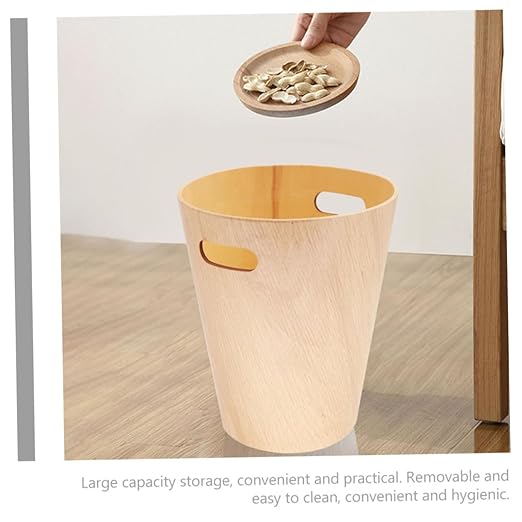 Elegant Wooden Storage Bucket Trash Can Lid Desk Garbage Bin Table Wastebasket for Home Office