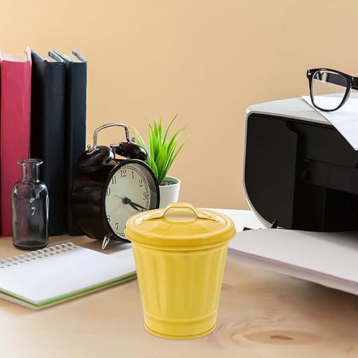 5pcs Mini Desktop Trash Cans with Lid 9cm Diameter Yellow Iron Tiny Garbage Bins Decorative Small Wastebaskets for Office Bedroom Living Room Storage