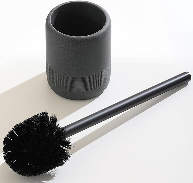 Toilet Brush and Holder Set 2 PCS Decorative Toilet Bowl Brush and Holder Set Bathroom Aceessories Toilet Scrubber Brush Set with Heavy-Weight Resin Base with Long Handle (Black)