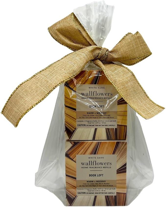 Bath &amp Body Works Book LOFT Wallflowers Refills 4-Pack – Warm &amp Woodsy Scent – Gift Set with 30-Inch Champagne Gold Linen Ribbon – 2 Bulbs per Box (0.8 fl oz Each)
