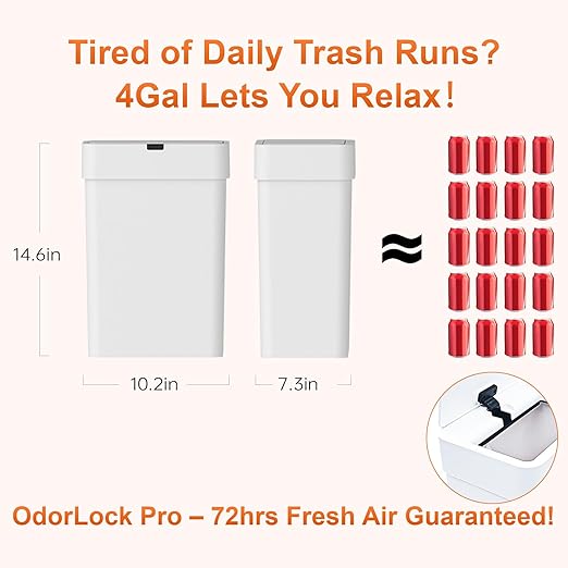 Gallon Motion Sensor Bathroom Trash Can with Lid Automatic Garbage Bin for Bathroom Slim Plastic Narrow Bedroom Trash Bin Garbage Can 15L