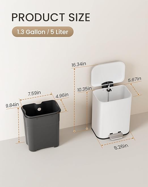 Cesun Small Bathroom Trash Can with Lid-1.3 Gal Outdoor Stainless Steel Garbage Can for Dog Poop with Anti-Slip Base for Bathroom Bedroom Office RV Living Room White