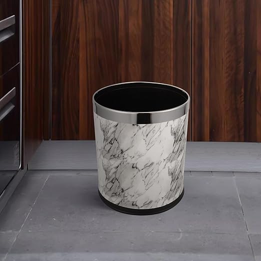 Marble Pattern Trash Bin with Spacious Design for Bathroom Bedroom Living Clean Wastebasket Stable Non-tip Household Garbage Container for Office and Home Use