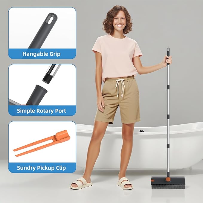 Scrub Brush with Long Handle Floor Scrub Brush Squeegee Broom for Cleaning 3 in 1 Shower Scrubber Floor Broom Squeegee for Concrete Tile Wall Deck Patio Grey