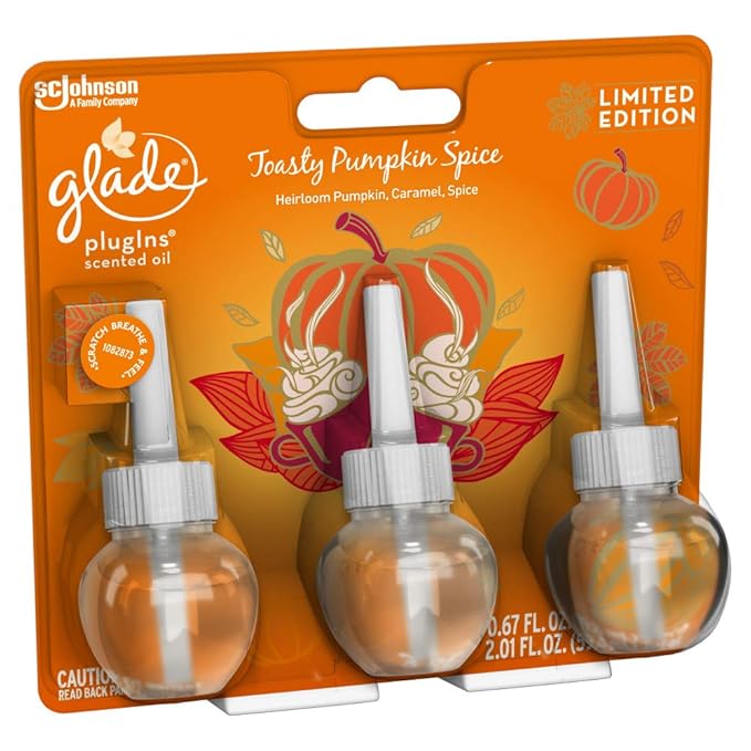 Glade PlugIns Refills Air Freshener Scented and Essential Oils for Home and Bathroom Toasty Pumpkin Spice 2.01 Fl Oz 3 Count