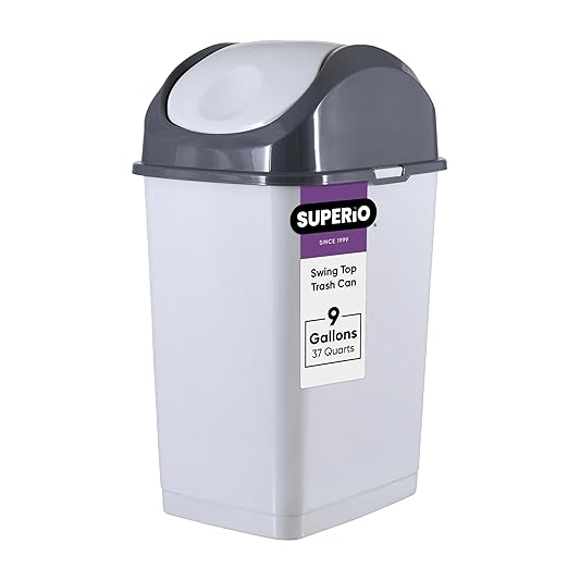 Superio Kitchen Trash Can with Swing Top Lid 9 Gallon Slim Waste Bin 37 Qt Sturdy Plastic Garbage Can Medium Recycling Bin for Office Bathroom Under Counter Dorm Bedroom (Smoke White/Grey)