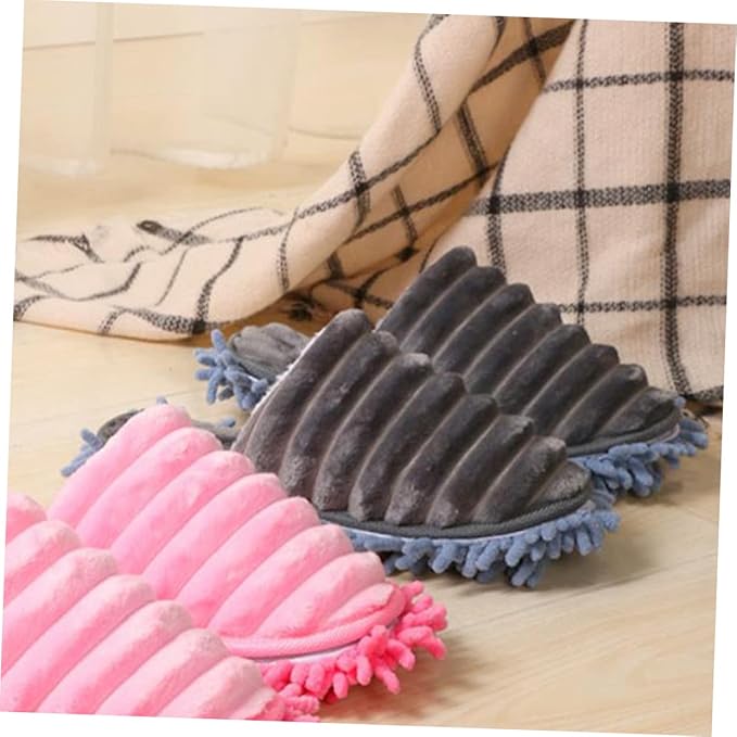 1 Pair Furry Stripes Floor Cleaning Slippers with Detachable Bottom Size Grey Unisex Mopping Slipper for House Cleaning Tool Supplies