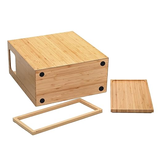 MobileVision Bamboo Slim Trash Can with Lid Waste Basket for Bathroom Bedroom Office Vanity Salon or Spa Small Spaces Rectangle Bag Liners Included