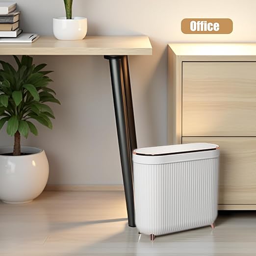 Yatmung Small Bathroom Trash Can with Lid - Slim Decorative Garbage Can - Press-Top Trash Bin for Bedroom Home Office Narrow Space Plastic - 12 Liter Waste Paper Basket - White with Rose Gold Legs