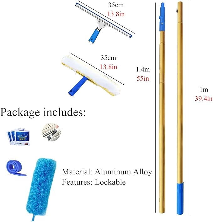 High Ceiling Dusting and Window Cleaning Kit 5 15 24 31 38 41 Ft Telescopic Glass Cleaner/Washer with Squeegee &amp Cloth for Outside Two Story Home Extendable ProfessionaLength 2.4m/94.5in/7.9ft