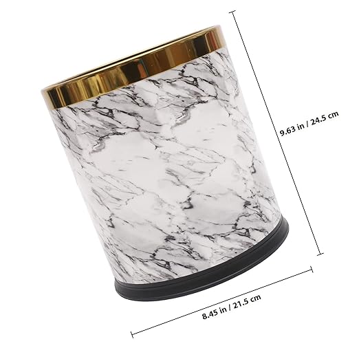 Marble Pattern Wastebasket with Gold Ring Round Plastic Bathroom Trash Can Kitchen Garbage Container for Residential and Hospitality Use