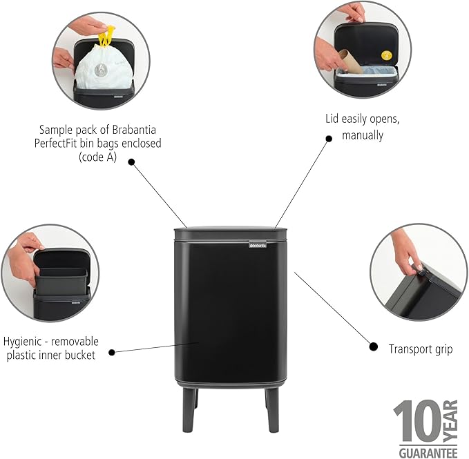 Brabantia Bo XS Lift Open Trash Can with Raised Legs | 1.1 Gal / 4L | Matt Black | Free Standing Bedroom Bathroom Nursery Trash Can Removable Inner Bucket Non-Slip Feet | + Trash Bags
