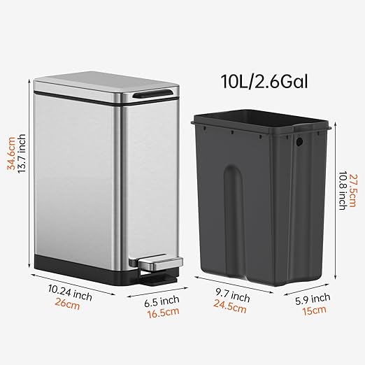 Mbillion Bathroom Trash Can with Lid Slim Stainless Steel Small Bathroom Garbage Can 10 Liter 2.6 Gallon Soft Close Step Pedal Slim Wastebasket for Toilet Office Bedroom Brushed Silver