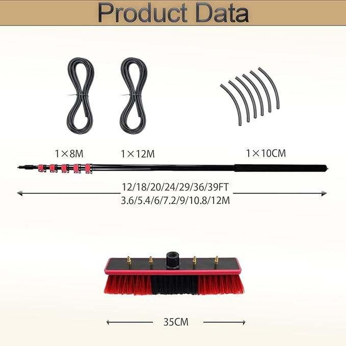 Cleaning Photovoltaic and Solar Panels Window Clean Glass Wall Cleaning 3.6-12m Washing Set Equipment Extension Rod Cleaning for Trucks Windows(35cm Brush Head)9M/29FT