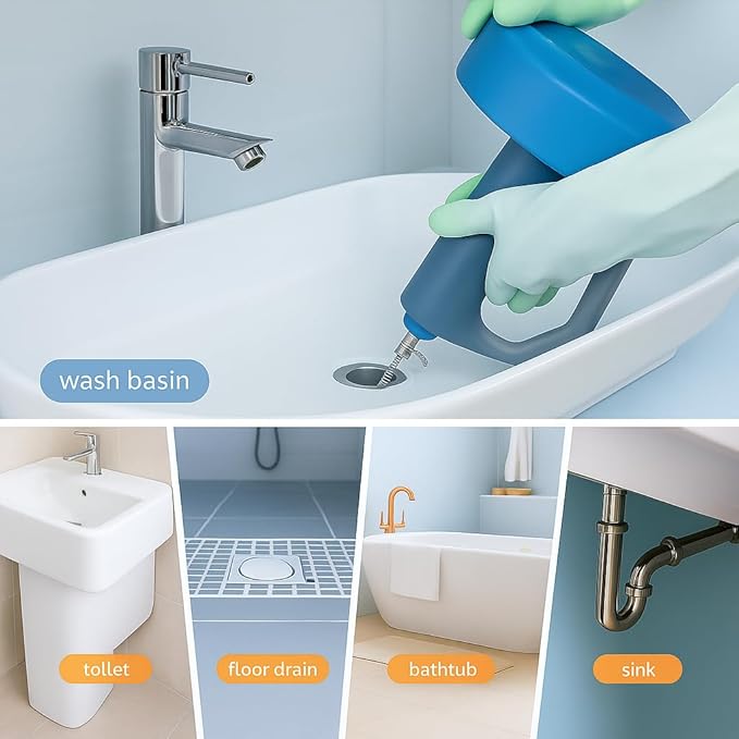 50 FT Drain Snake Hair Drain Clog Remover Manual Or Powered Plumbing Snake With Drill AdapteUnclog Sink Drain Tool Drain Auger for Toilet、Shower、Kitchen、Sink No Auto Retract Or Feed Blue