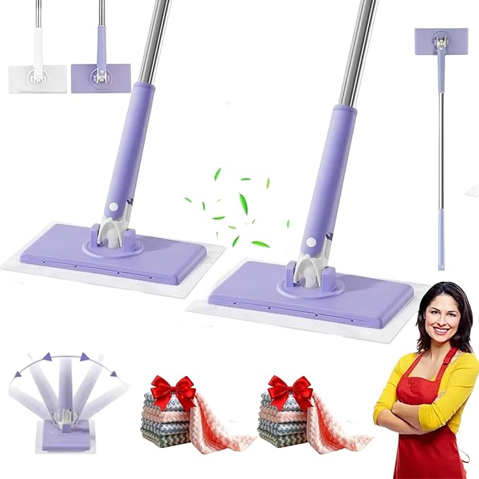 28/36in No Wash Lazy Mop Wet and Dry Snap Grip Mini Mop Zero Touch Mini Mops Convenient Automatic Cloth Changing Mops 360° Disposable Dust Mop with 5 Reusable Cloths for Home (Purple*2 28in)