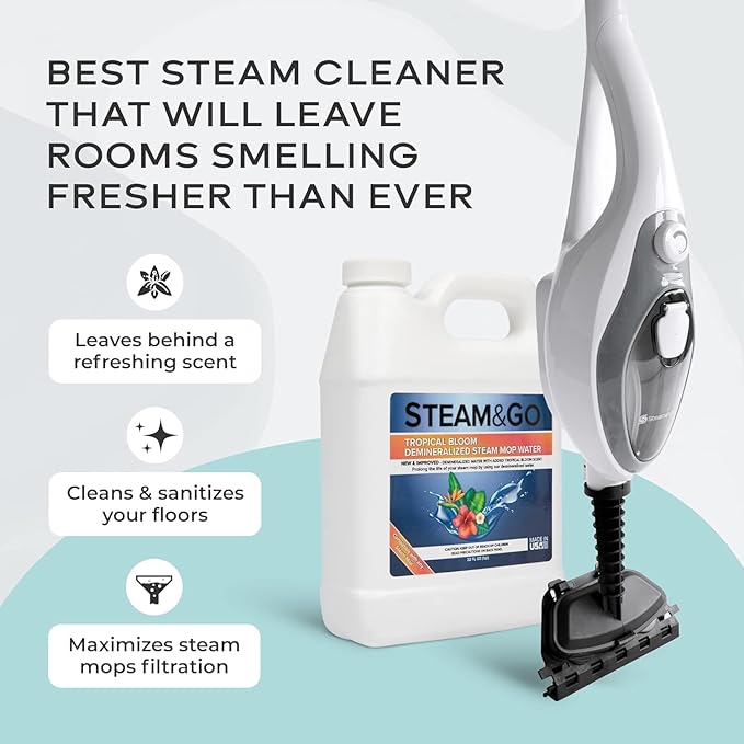 Steam &amp Go - The Housekeeper Steam Cleaner For Floors &amp Demineralized Water Bundle 10-in-1 Hard Floor Cleaner Machine &amp Grout Steam Cleaner with Floor Cleaning Solution 32 oz Tropical B