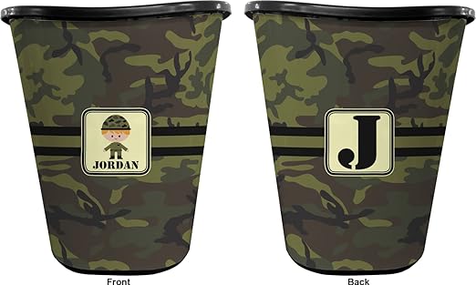 Personalized Green Camo Waste Basket - Double Sided (Black)