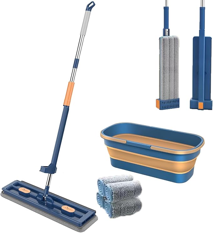 JDIV Streamline Mop Streamline Flat Mop 2026 Large Flat-Mop and Bucket System Self Wringing 360 Flat mop Wet and Dry Use (Blue)