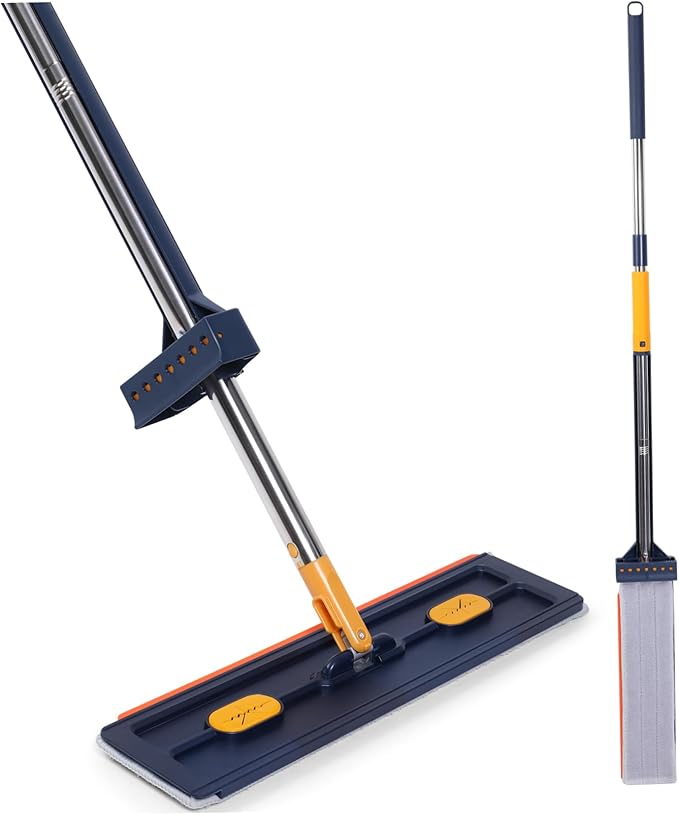 OUNONA Flat Mop with Reusable Pads Thick Absorbent Floor Cleaning Mop for Hardwood and Tile Rotating Multi Functional with Comfortable Grip Handle Easy Storage Upright Design Blue