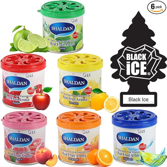 My Shaldan 6 pack Assorted Scent Car Air Freshener (Apple Lemon Lime Peach Orange Squash Scents) and Black Ice Little Tree