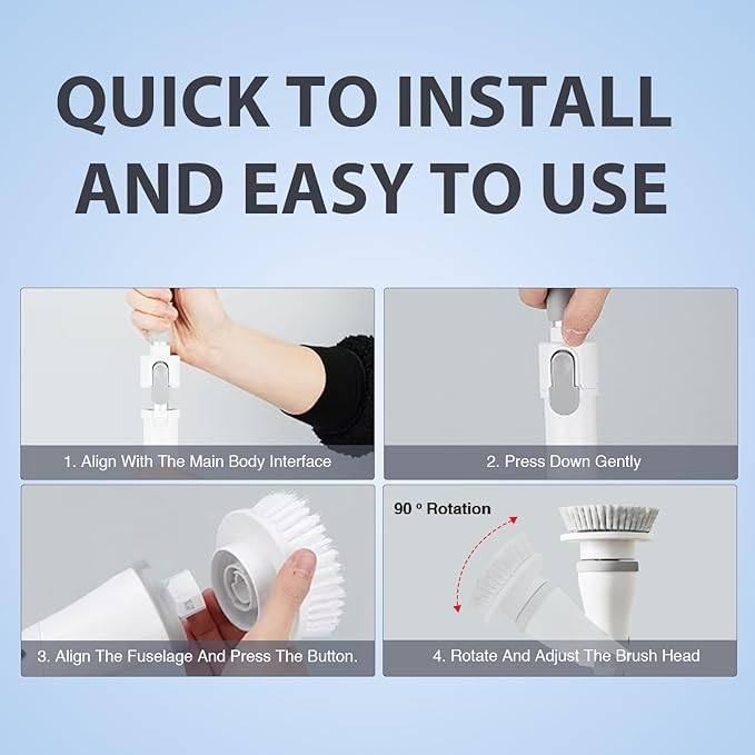Electric Spin Scrubber - Cordless Cleaning Head with 6 Replaceable Brushes - 90° Rotatable - Ideal for Floor Window Cars - Ivory White