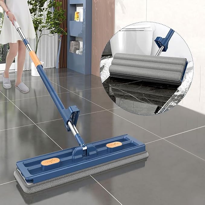 Large Flat MopLarge 17inch Hands-Free Mop EVA Squeegee &amp 360° Swivel for Hard Floors (Blue 6 Cloth)