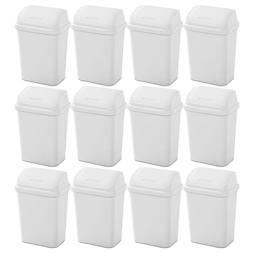Sterilite 7.8 Gallon SwingTop Wastebasket Plastic Trash Can with Lid and Compact Design for Kitchen Office Dorm or Laundry Room White (12 Pack)