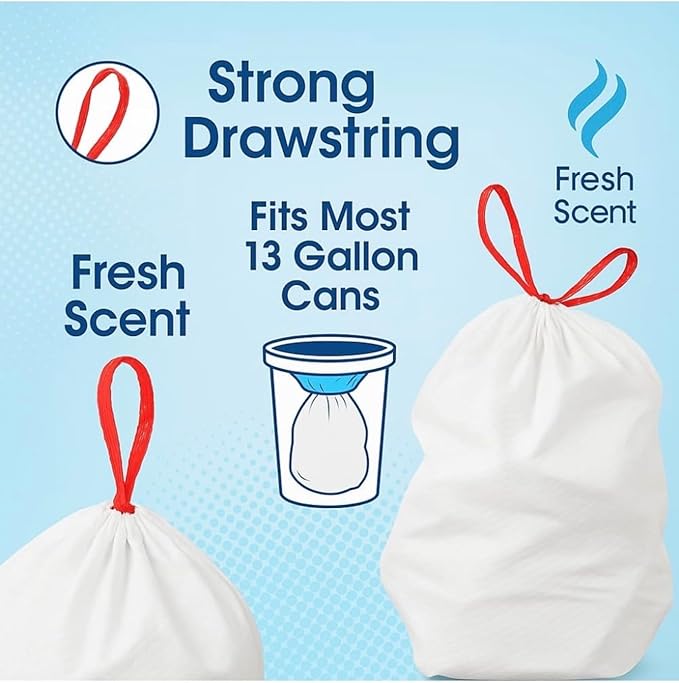13-Gallon Tall Kitchen Trash Bags with Drawstring Fresh Scent 120 Count – Strong Flex Tear-Resistant